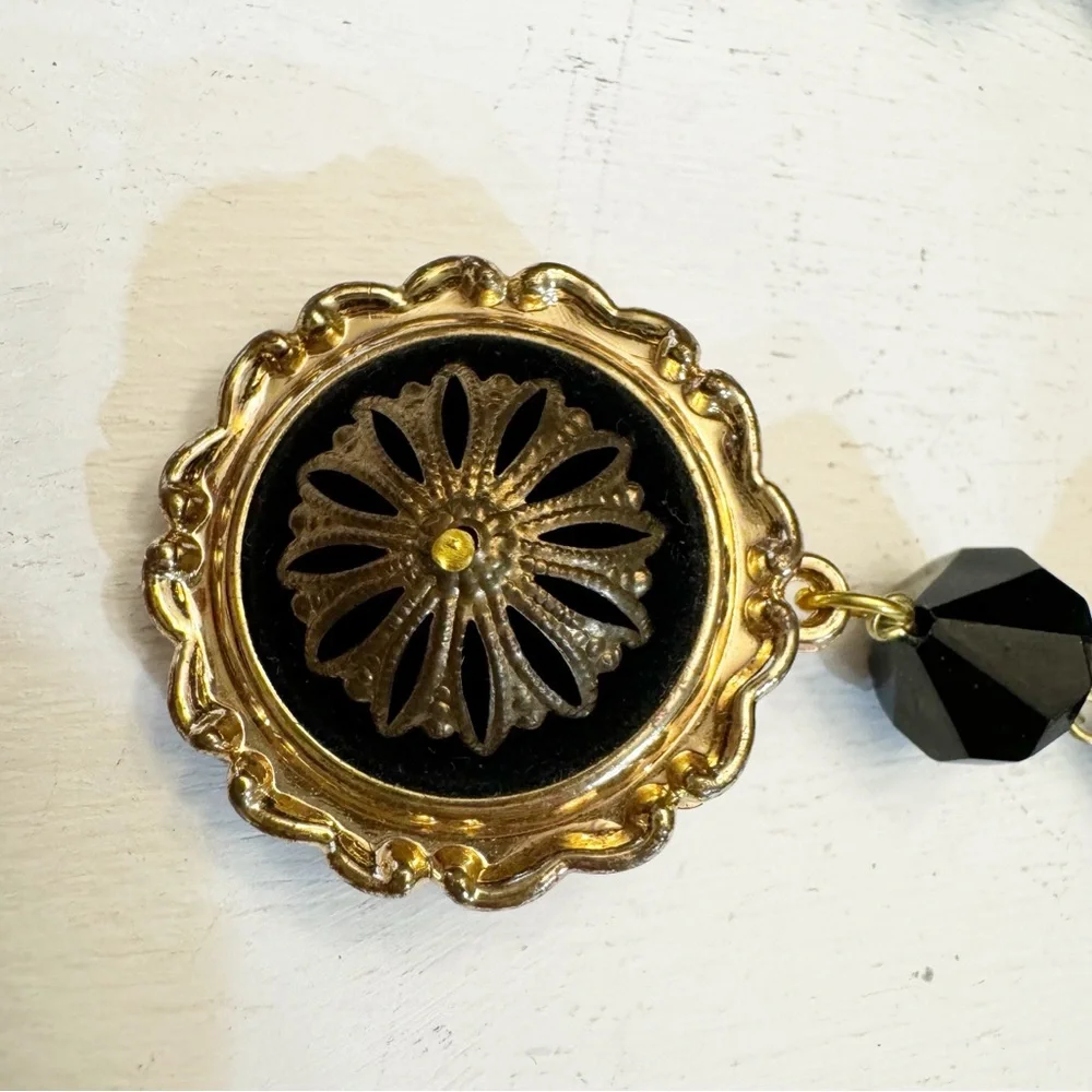 Long Black Gold Dangle Drop Clip On Earrings Statement Vintage Plastic Acrylic